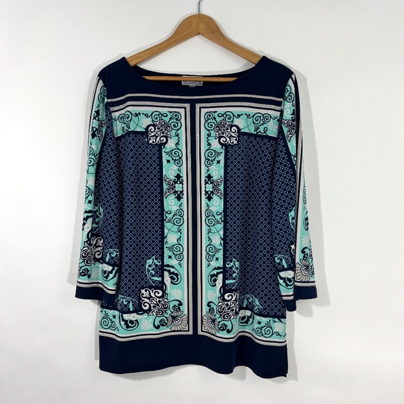 JM Collection Women’s Size Large Blue Green Floral Print Boat Neck Pullover Top - Picture 1 of 8